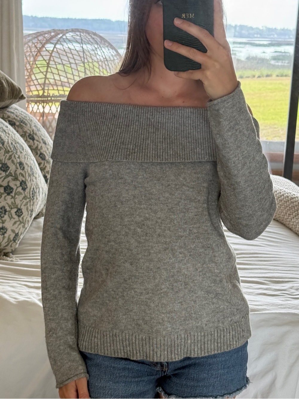 Anthropologie Off-Shoulder Gray Knit Sweater - Women